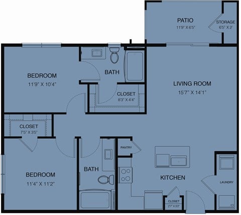 Floor plan for 2 beds, 2 baths, 990 sqft